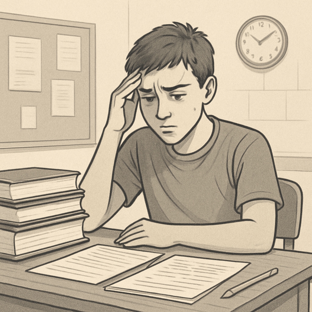 A stressed high school student sitting at a desk surrounded by textbooks and work papers, depicting the challenges of balancing part-time work and academics. Stressed high school student with textbooks and work papers