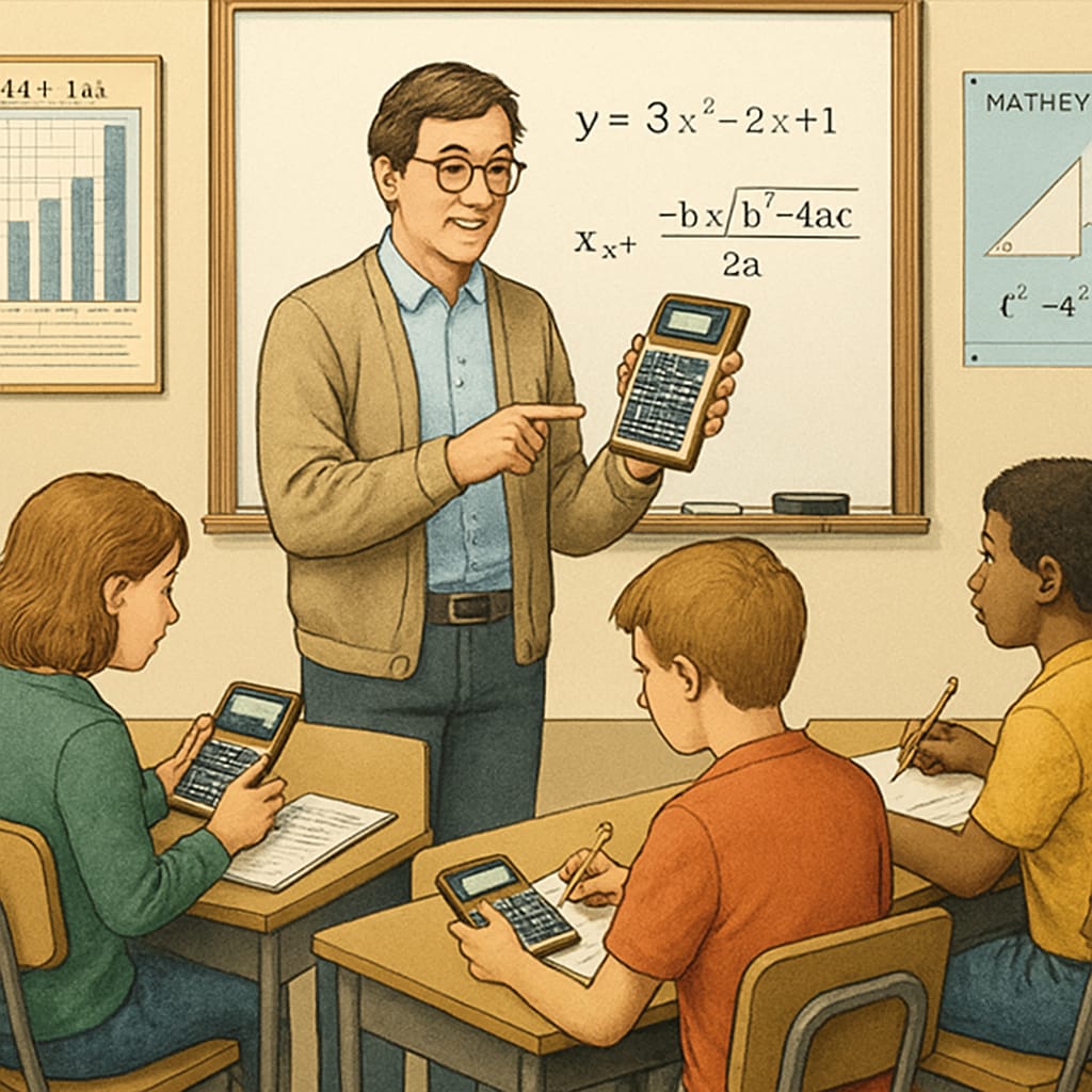 Teacher using an RPN calculator to teach mathematical concepts in a classroom