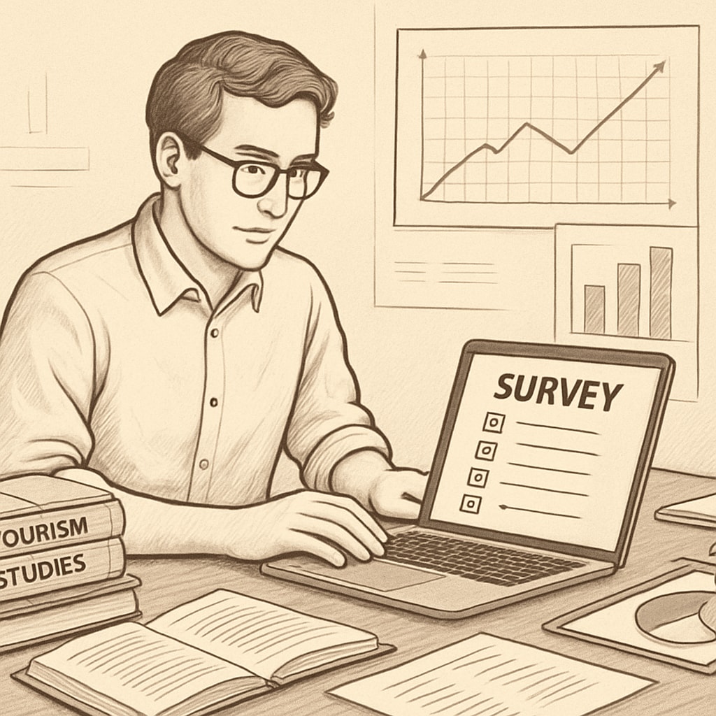 A researcher designing a survey on a laptop, representing the academic process of data collection for tourism studies. Academic survey design for researching the impact of short videos on tourism choices.