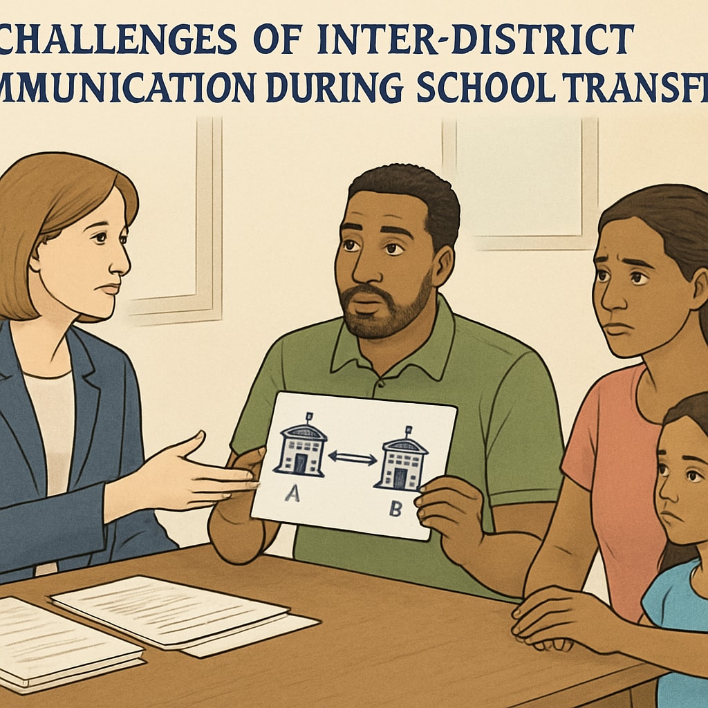 A professional image depicting a family discussing school options with an administrator. The image highlights the challenges faced in inter-district communication during school transfer processes. Family discussing school transfer options with an administrator, representing inter-district communication and challenges.