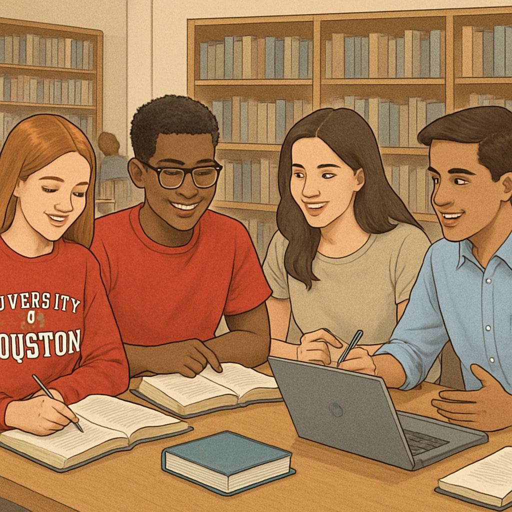A group of University of Houston students studying together in a library, discussing notes and working on laptops. University of Houston students studying together in a collaborative environment.