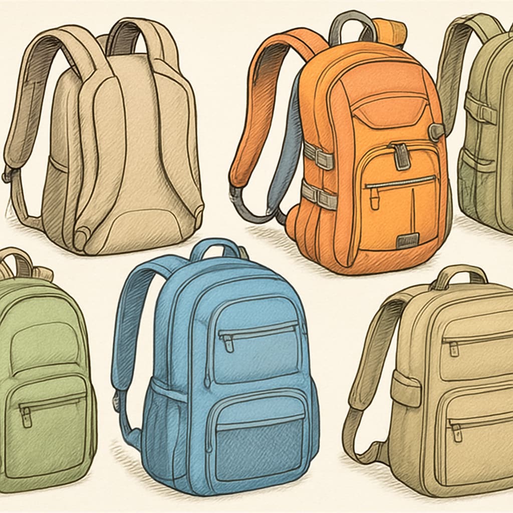 Close-up of different backpack styles on display, focusing on features like padded straps and ergonomic design. Various backpack styles highlighting comfort and usability for K12 students.