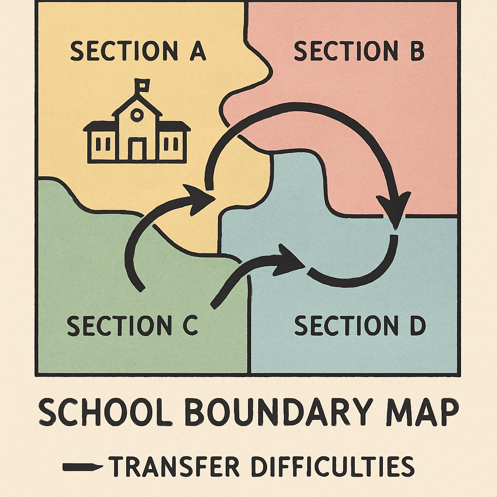 A graphic showing a school boundary map with arrows representing transfer difficulties, emphasizing administrative challenges and inefficiencies. School boundary map illustrating administrative barriers in school transfers.