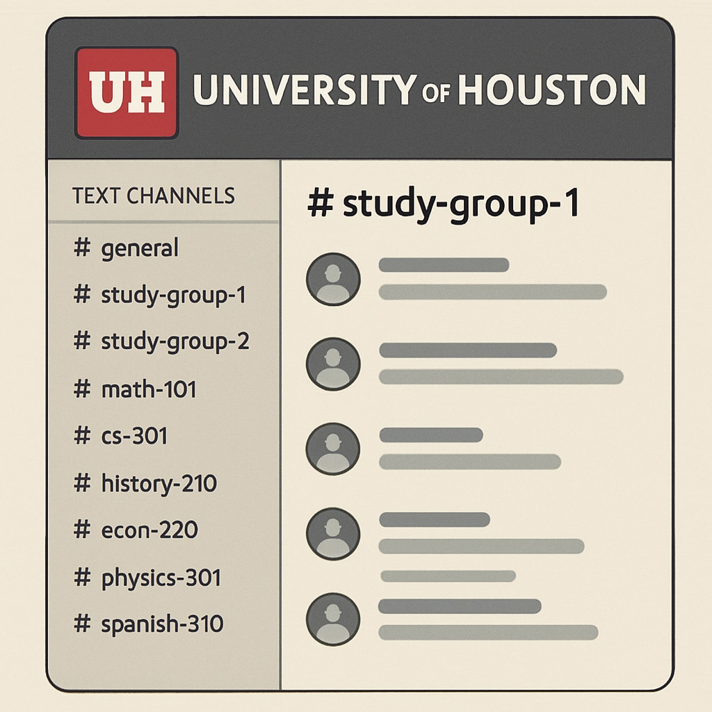 Screenshot of a University of Houston-specific Discord server, showcasing channels for different courses and study groups. University of Houston Discord server for collaborative learning and study groups.