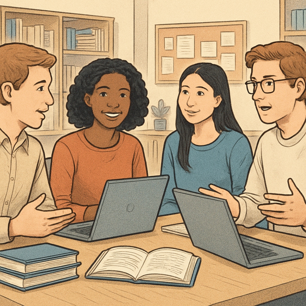 A group of university students discussing education topics while using laptops in a study lounge. University students collaborating in a study lounge, representing the concept of study groups at Houston University.