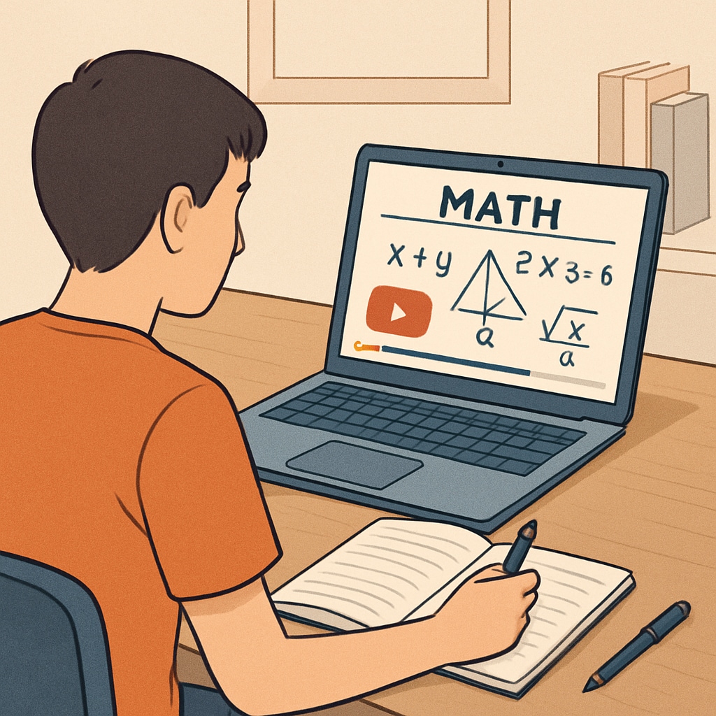 A person studying math on a laptop, with a notebook and pen beside them. The screen displays a YouTube tutorial on foundational math concepts. Studying math basics with YouTube tutorials, focusing on career aptitude tests.