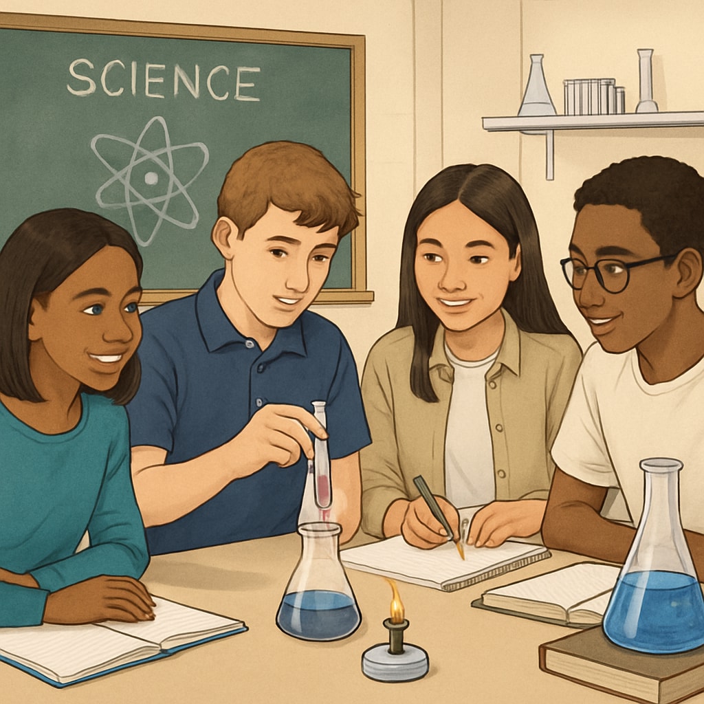 A diverse high school science classroom where students collaborate on an experiment, reflecting inclusion and teamwork. High school students collaborating in a science classroom, inclusive learning environment.