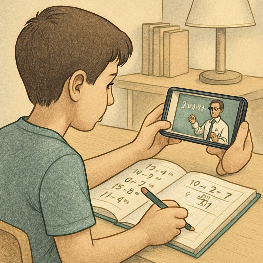 A student watching a YouTube math tutorial on their smartphone while solving problems in a workbook. Using YouTube learning resources to enhance math skills for workplace success.