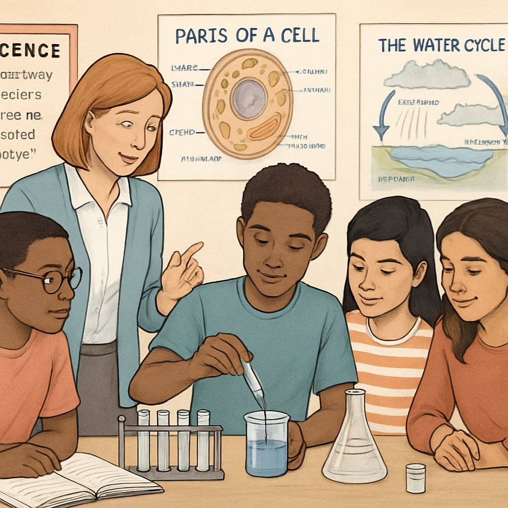 A teacher guiding a group of diverse high school students through a science experiment, with visible use of charts and vocabulary lists. Teacher and students conducting a science experiment, with charts and vocabulary aids.