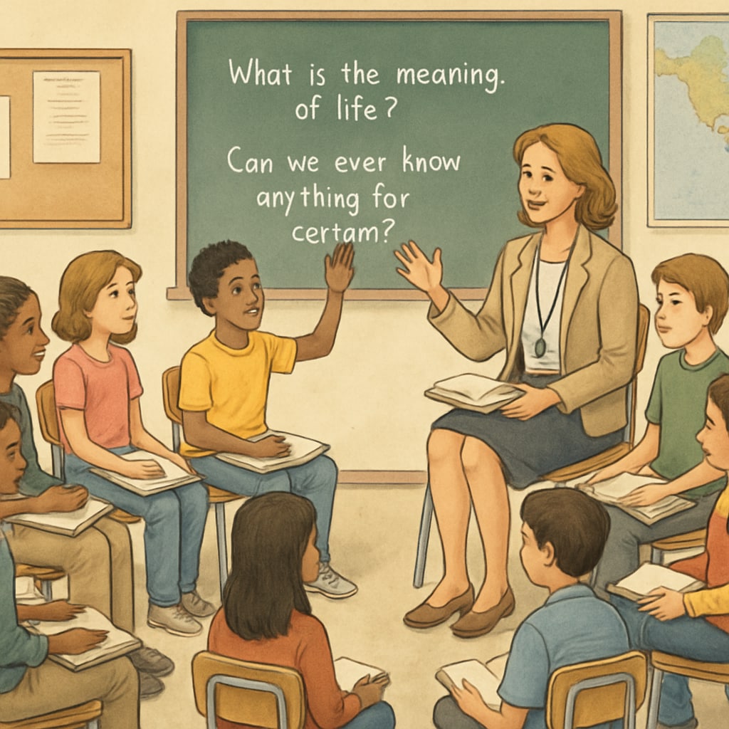 A classroom of K12 students actively engaging in a discussion on philosophical questions, seated in a circle with a teacher guiding the conversation. K12 students exploring philosophical questions in a classroom discussion.