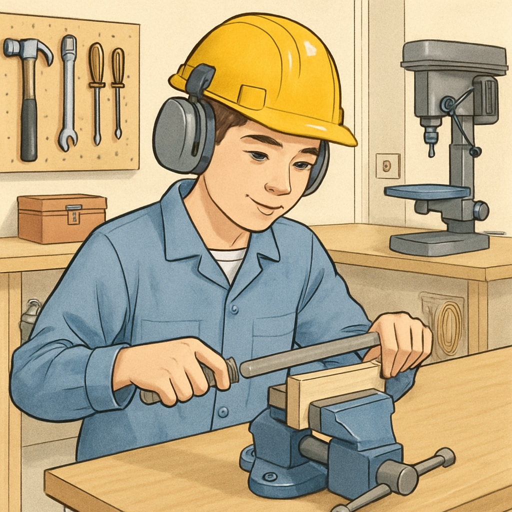A young individual participating in a hands-on vocational training program, such as carpentry or engineering. Vocational training program participant in the UK