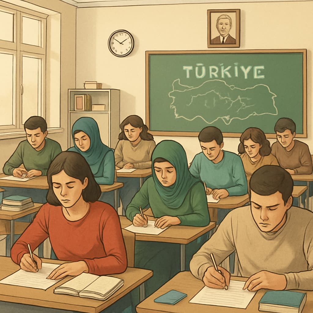 A classroom in Turkey with students preparing for an exam, symbolizing the exam-driven education system. Students in a Turkish classroom preparing for standardized exams, reflecting the exam-driven education system.