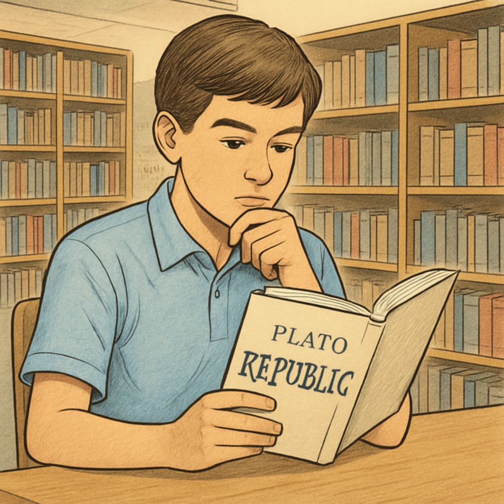 A high school student reading Plato’s Republic in a quiet library setting, with a thoughtful expression. High school student studying Plato’s Republic in a library.