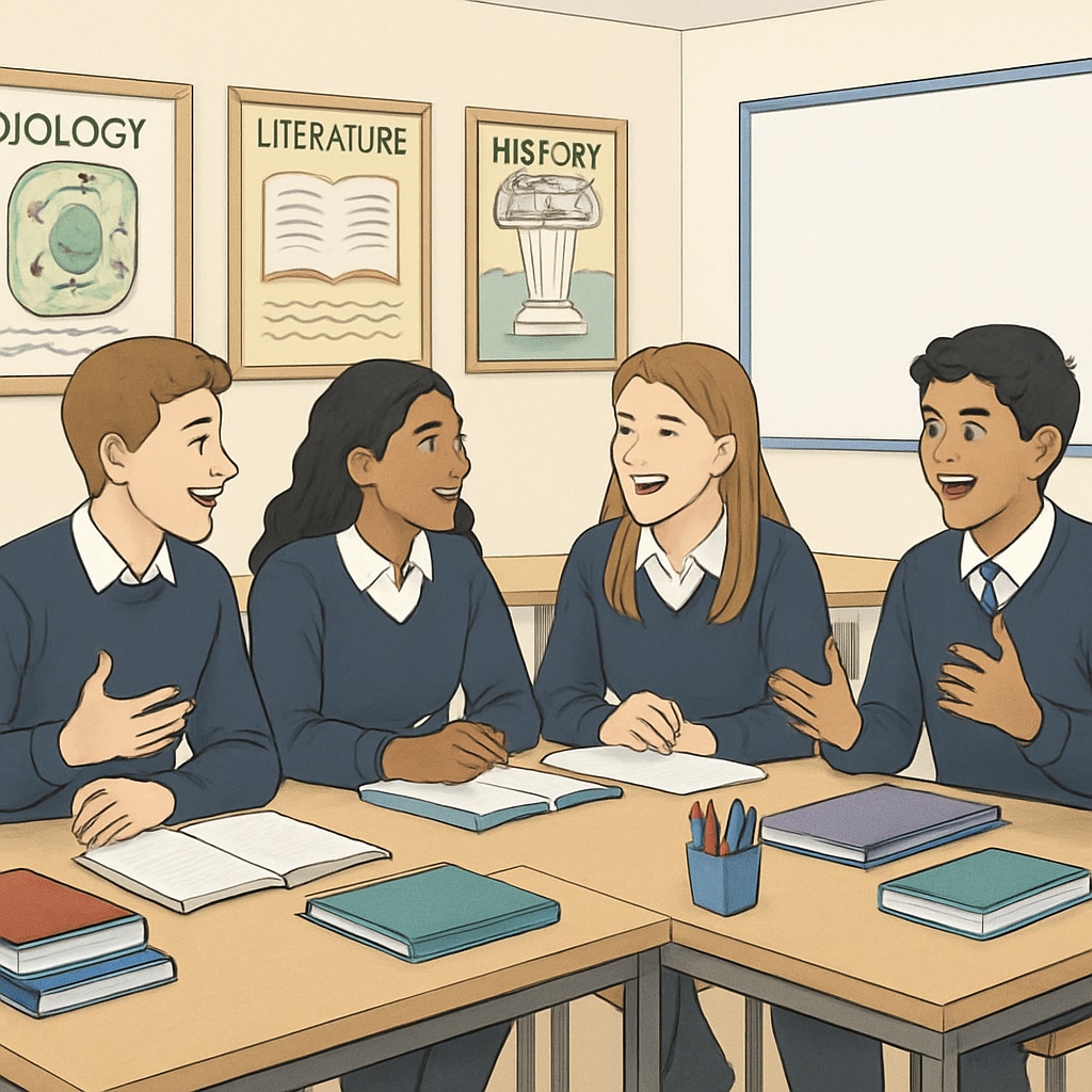 Students in a UK classroom discussing their chosen A Level subjects, representing the flexibility of the model. UK students discussing their A Level subjects, showcasing the flexibility of the A Level system.