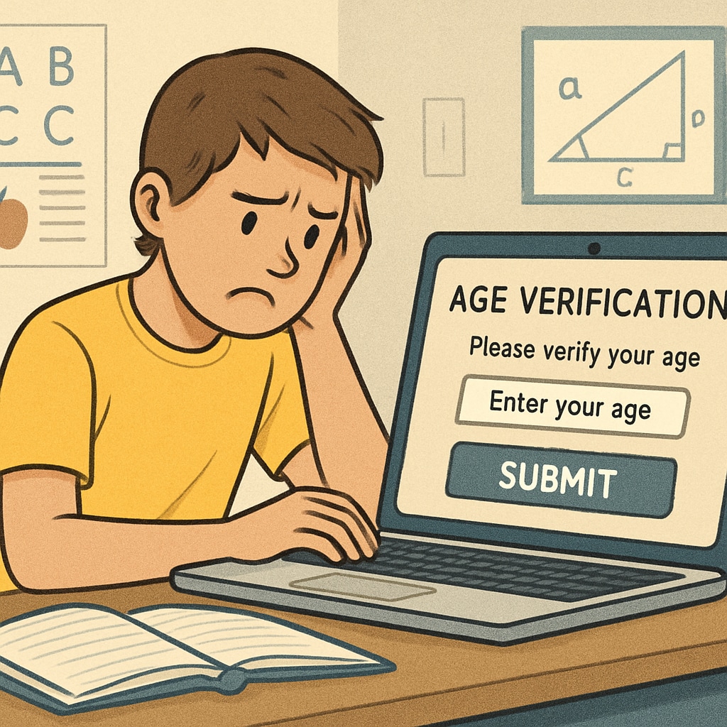 A student struggling to access online educational content due to age verification barriers. Student facing challenges accessing educational content due to age verification laws.
