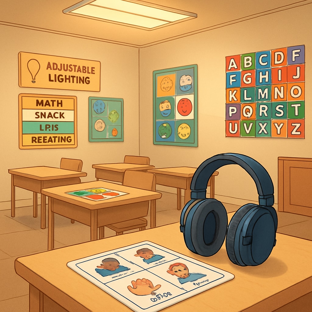 A sensory-friendly classroom setup with tools such as adjustable lighting, noise-canceling headphones, and visual aids. Sensory-friendly classroom setup for children on the autism spectrum.