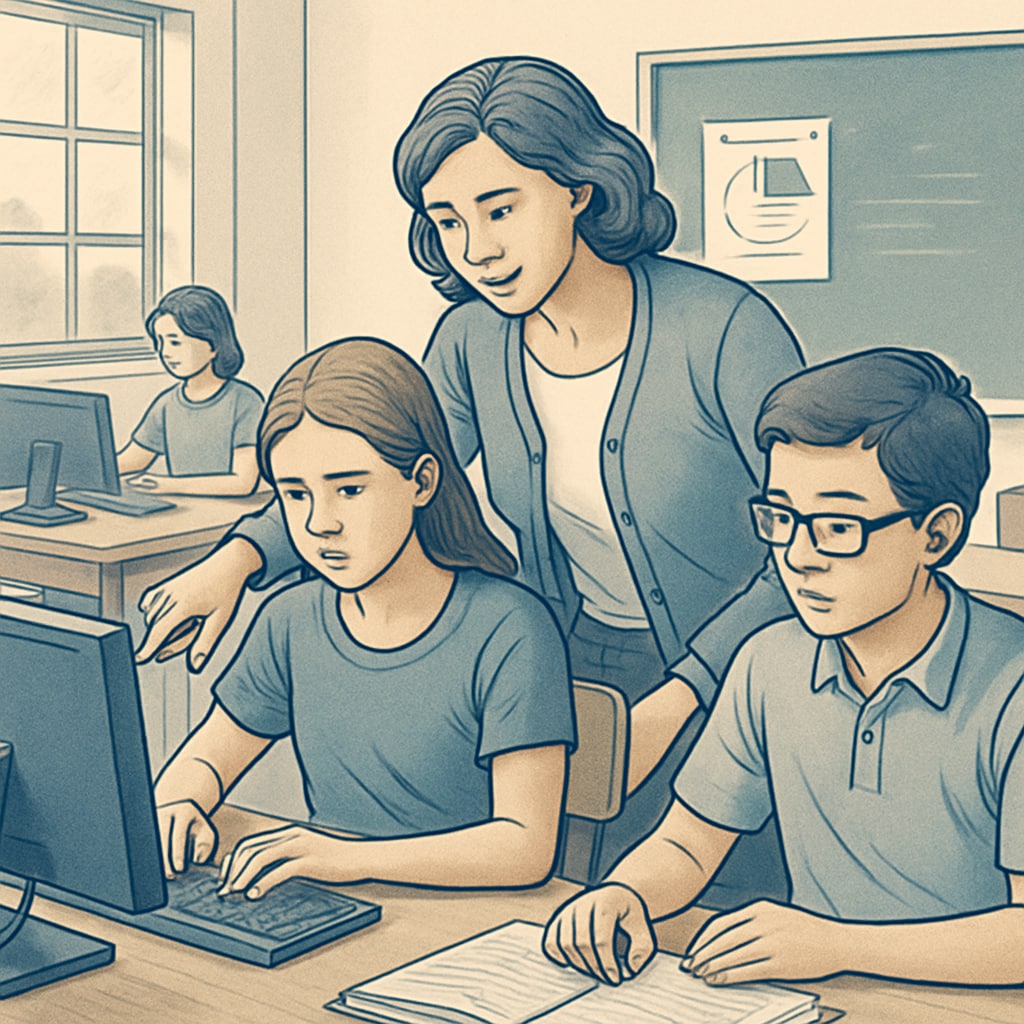 A teacher assisting students in a classroom, navigating restricted online resources. Teacher helping students overcome challenges accessing restricted online resources.