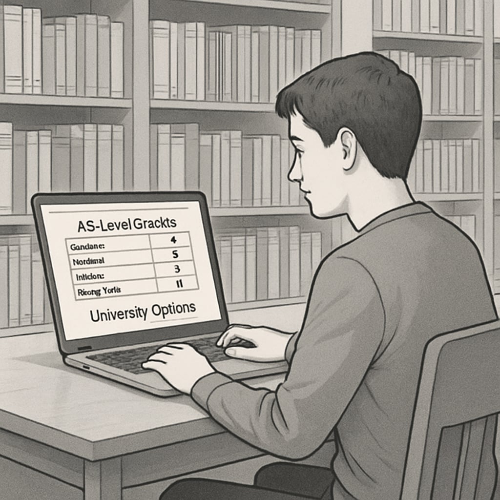A student reviewing AS-level grades and university options on a laptop in a library setting. A student researching AS-level university options in a library.
