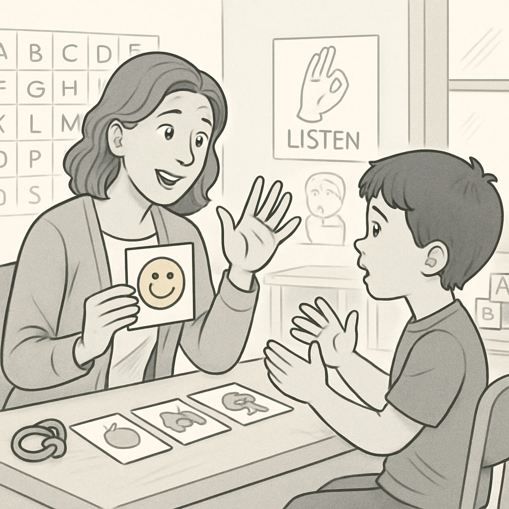 A teacher assistant using visual aids and gestures to communicate with a child on the autism spectrum. Teacher assistant interacting with a child using autism-friendly tools.