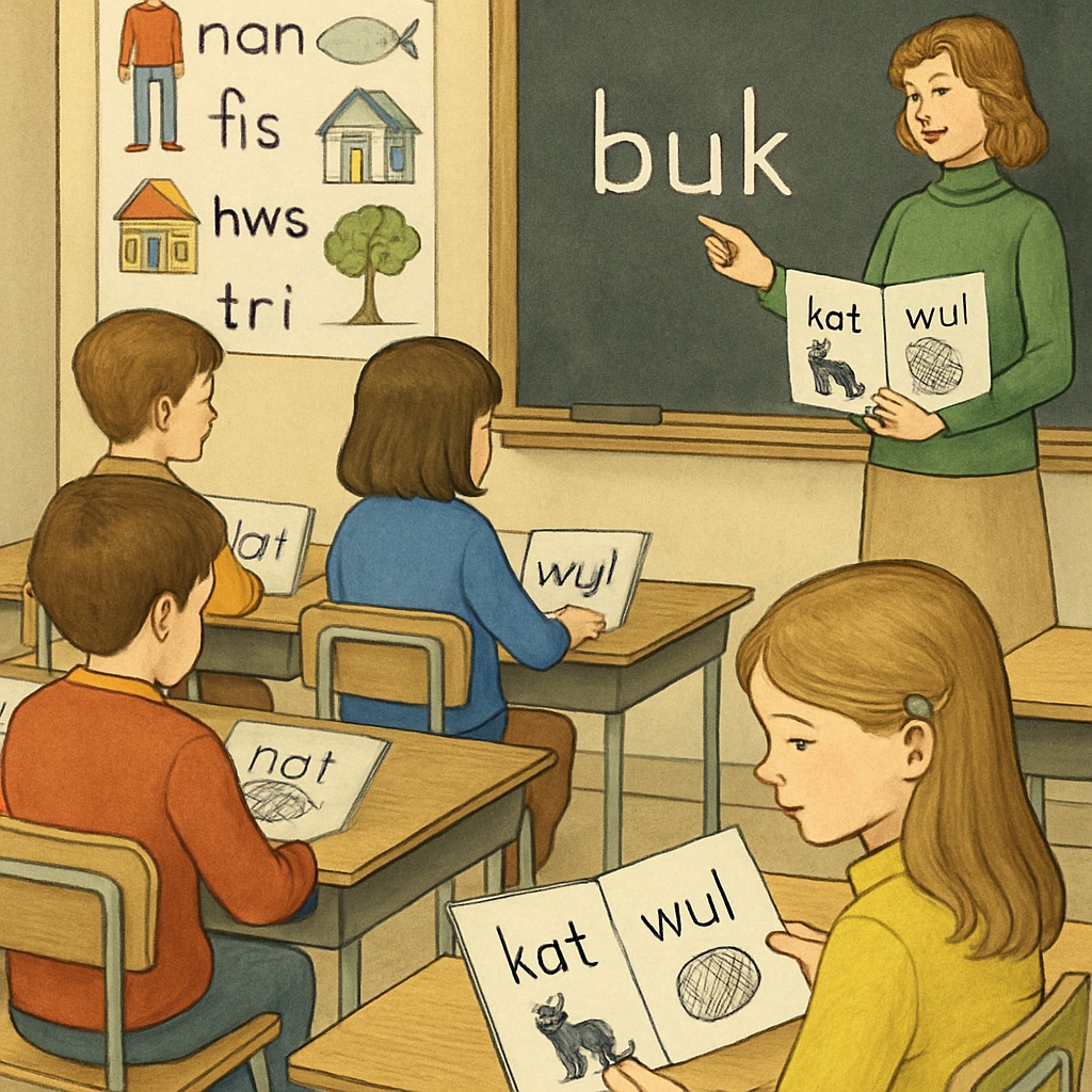 A classroom in the 1970s showing children learning to read with Initial Teaching Alphabet materials. Classroom with children learning ITA during 70s education.