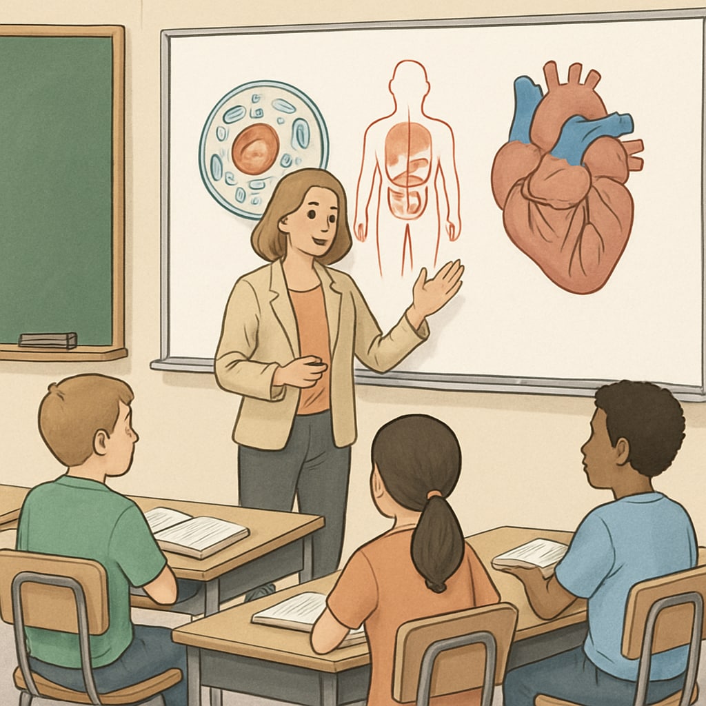 Teacher in a classroom teaching biology, symbolizing the connection between biology and education.