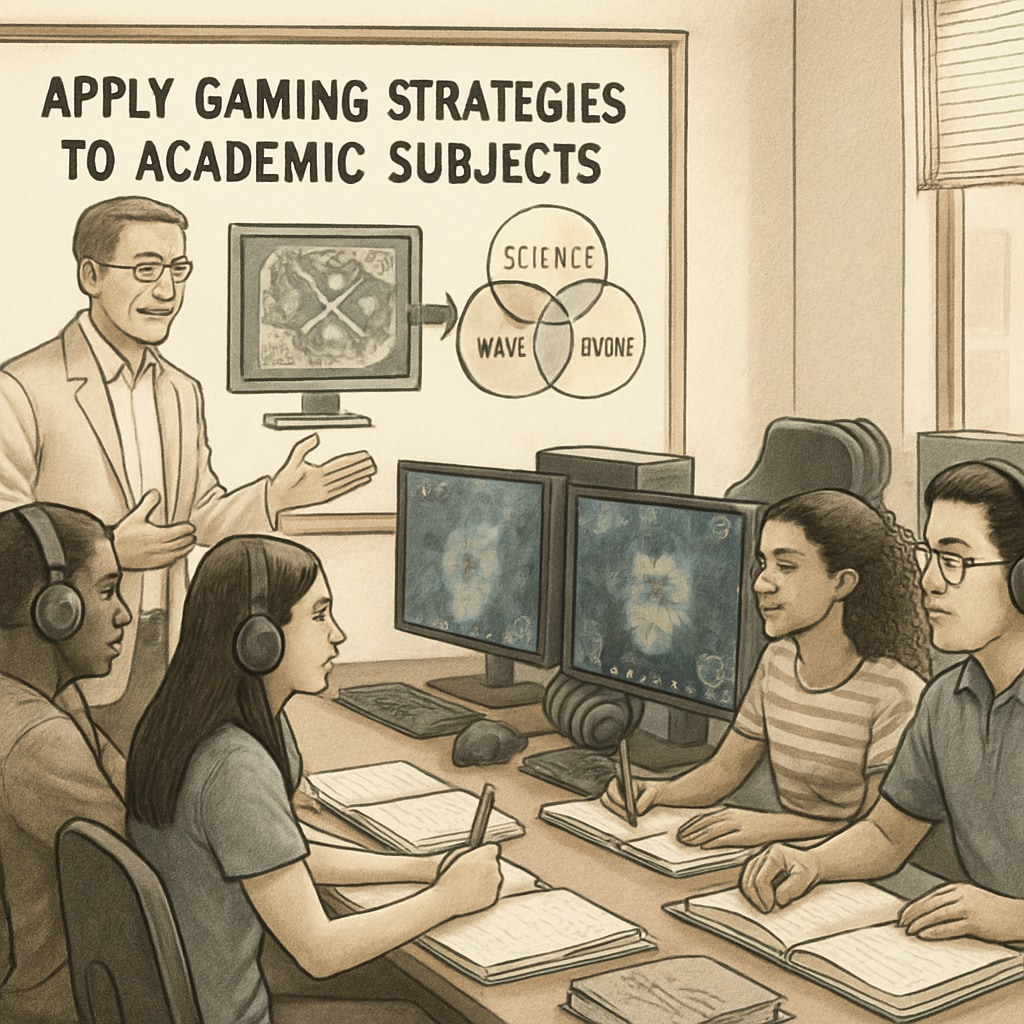 A group of students in a classroom setting, actively participating in an esports-focused lesson. The teacher is guiding students on how to apply gaming strategies to academic subjects. Students engaging in an esports-based educational activity