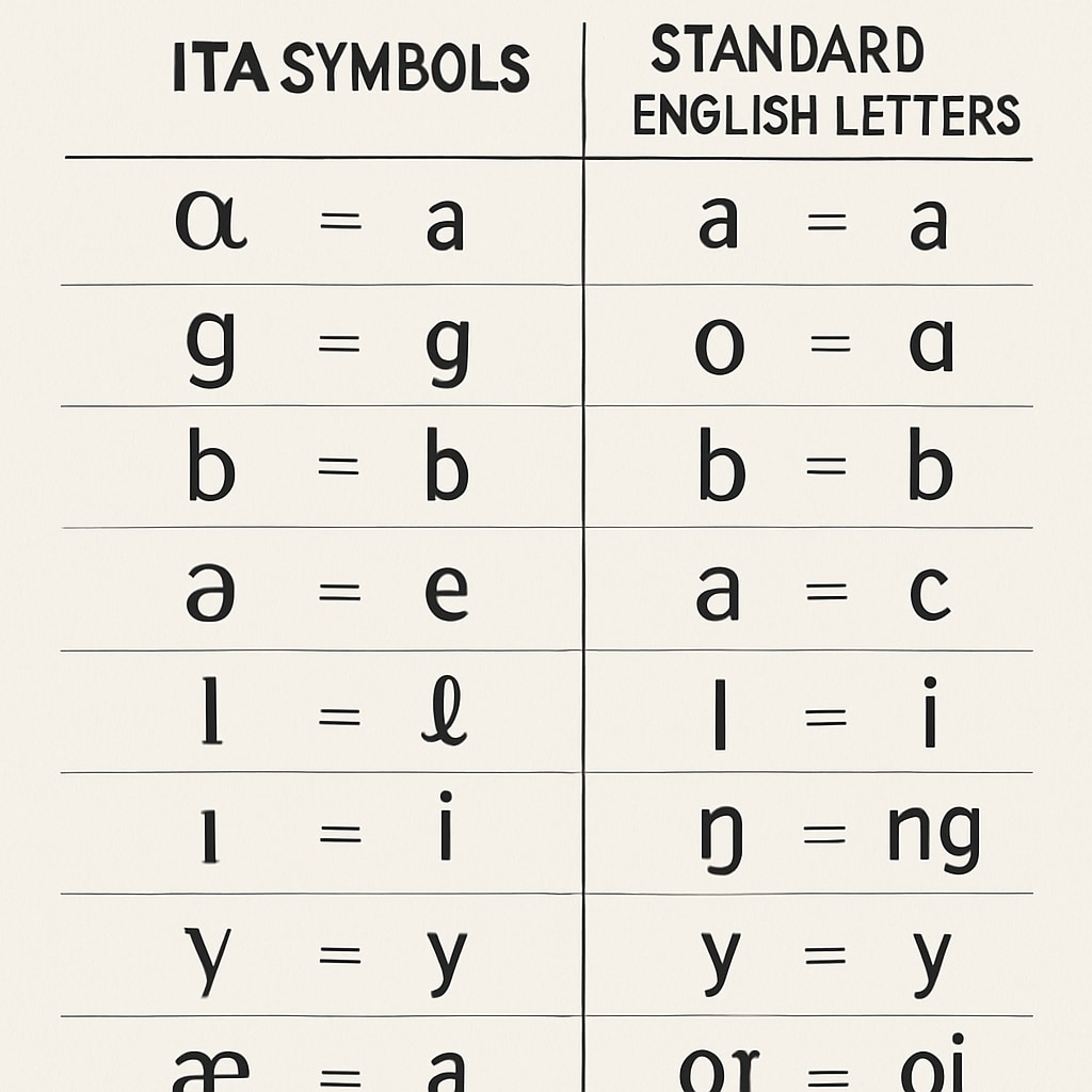 An educational chart comparing ITA symbols to standard English letters, illustrating the differences in orthography. Chart comparing ITA and standard English spelling systems.