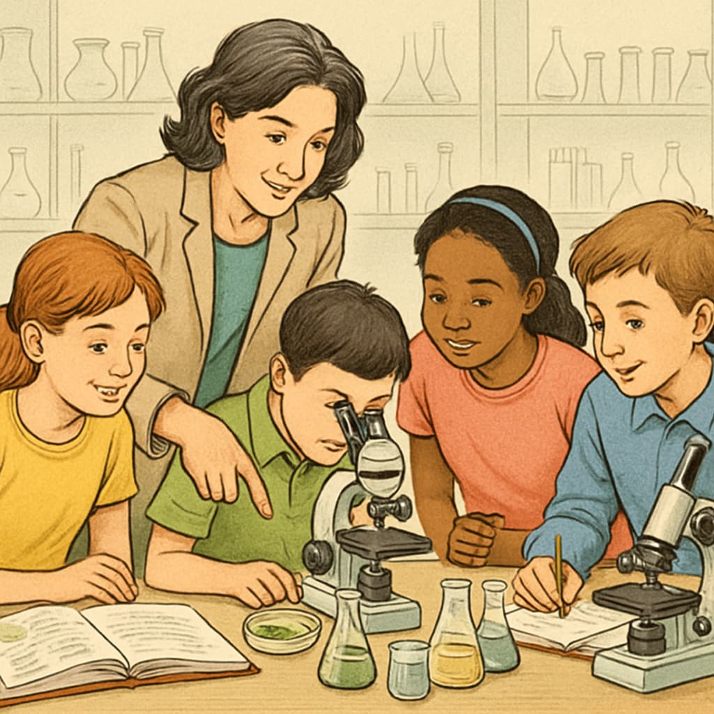 Teacher guiding students through a biology experiment, highlighting practical STEM education.