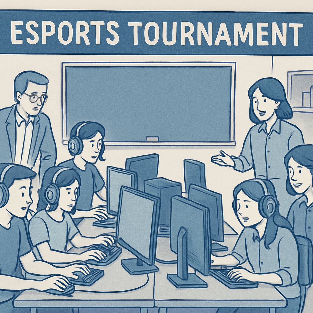 An esports tournament setup with students participating while teachers guide their learning process, showcasing the fusion of gaming and education. Esports tournament integrated into classroom learning