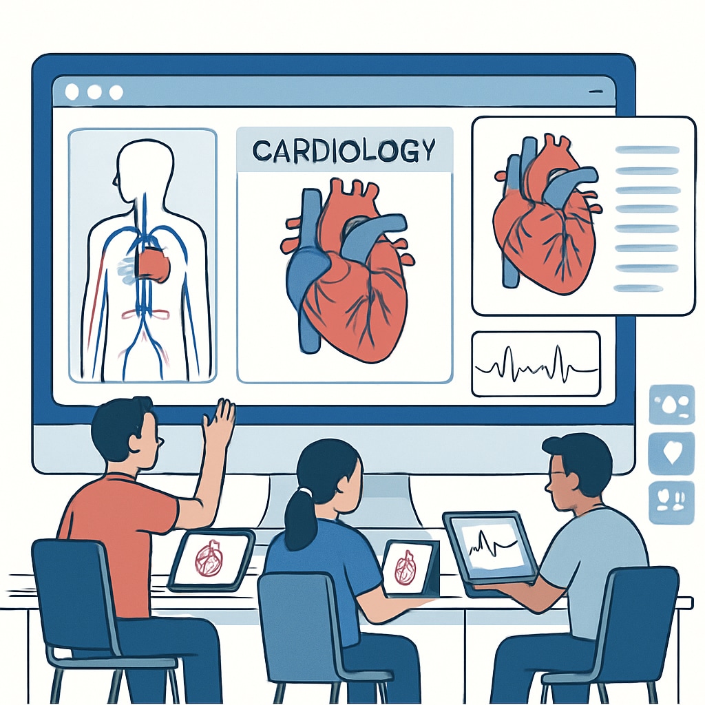 Students learning cardiology through a virtual classroom with interactive tools.