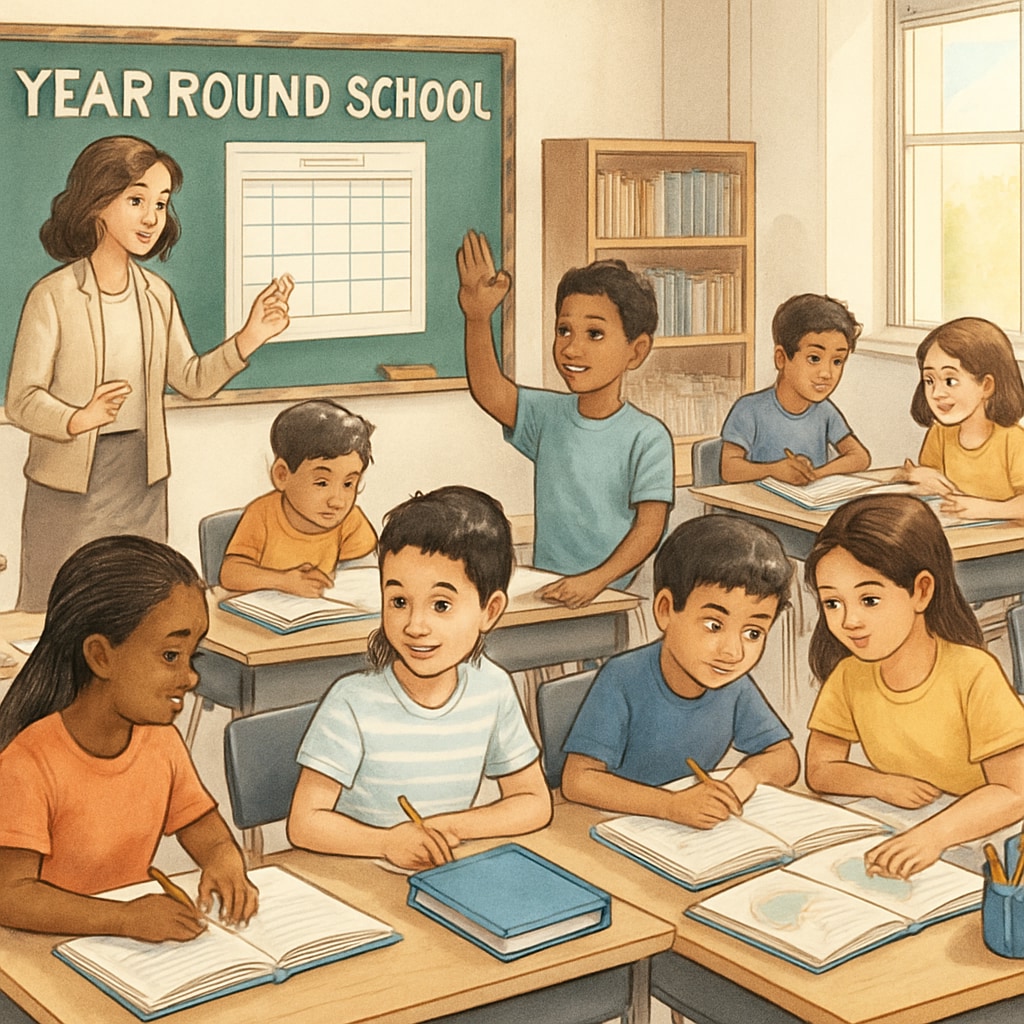A classroom of K12 students actively engaged in a year-round schooling session. K12 students participating in year-round schooling to improve knowledge retention.