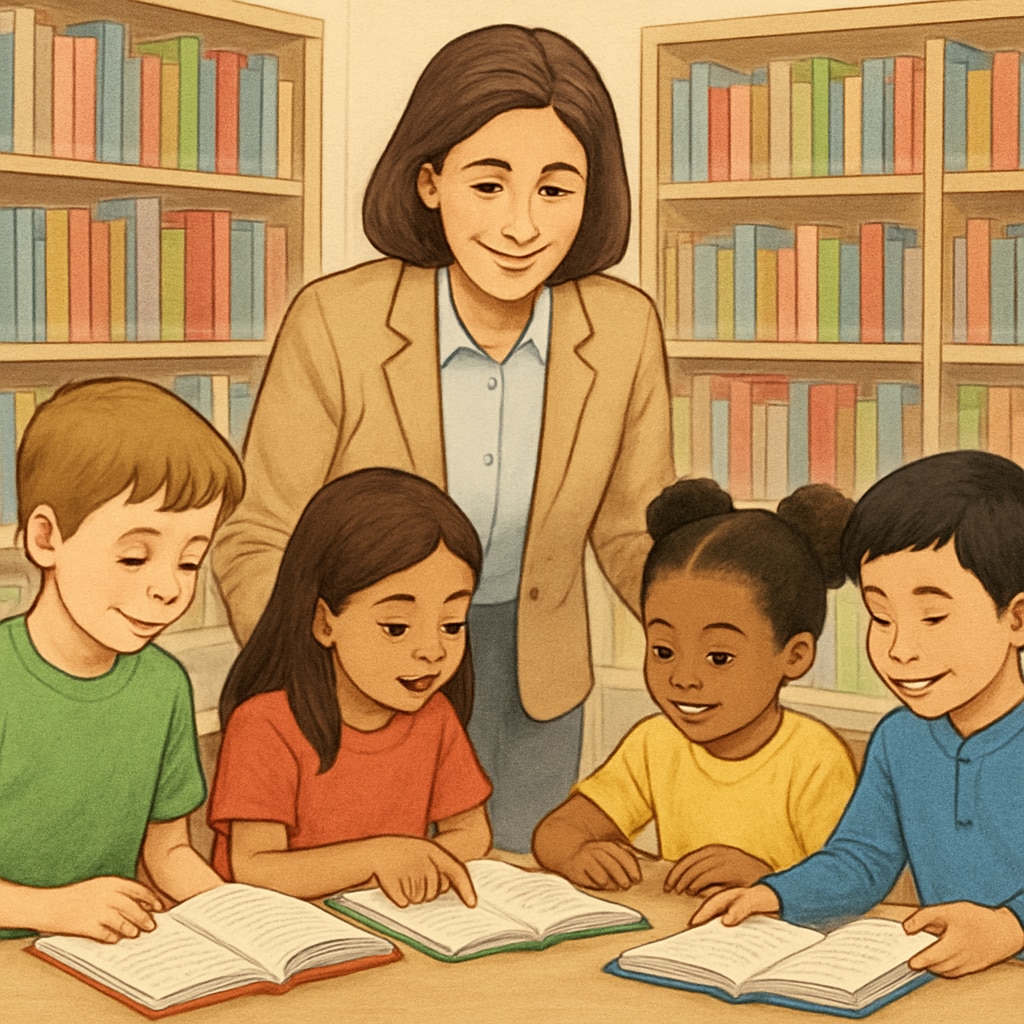A teacher assisting a group of elementary students in a library setting, highlighting reading engagement and motivation. Teacher helping elementary students with reading comprehension in a library.