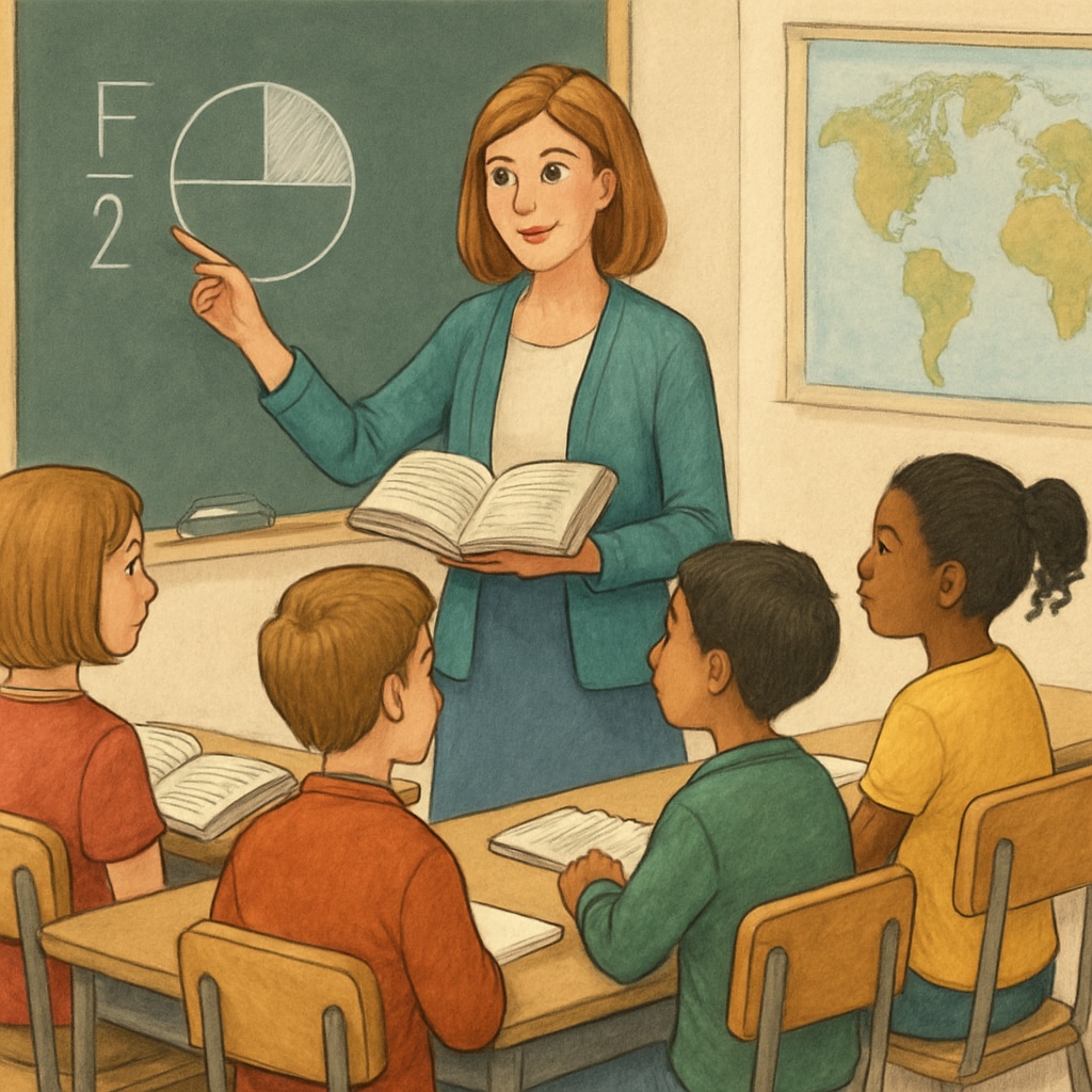 A teacher explaining a concept to a small group of students during a year-round session. Teacher and students interacting in a year-round schooling environment.