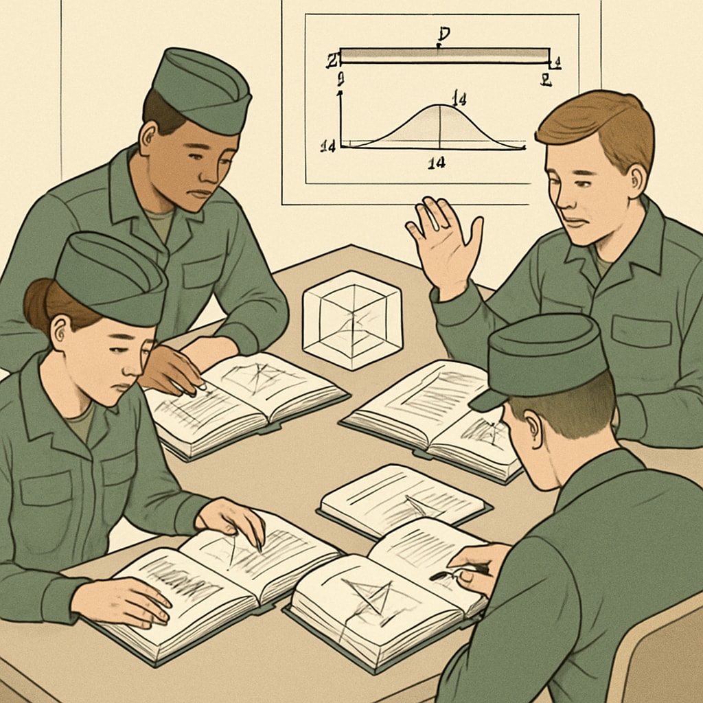 A group of military personnel in uniform studying engineering textbooks, symbolizing education transition. Military personnel studying automotive engineering for education transition.