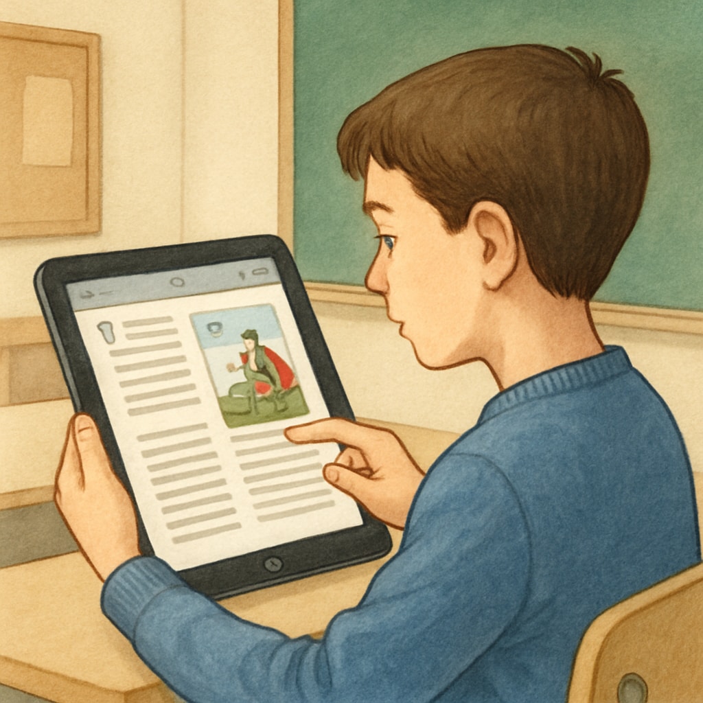 A student reading an illustrated book using a tablet, representing digital reading tools. Elementary student using a tablet for reading and learning.