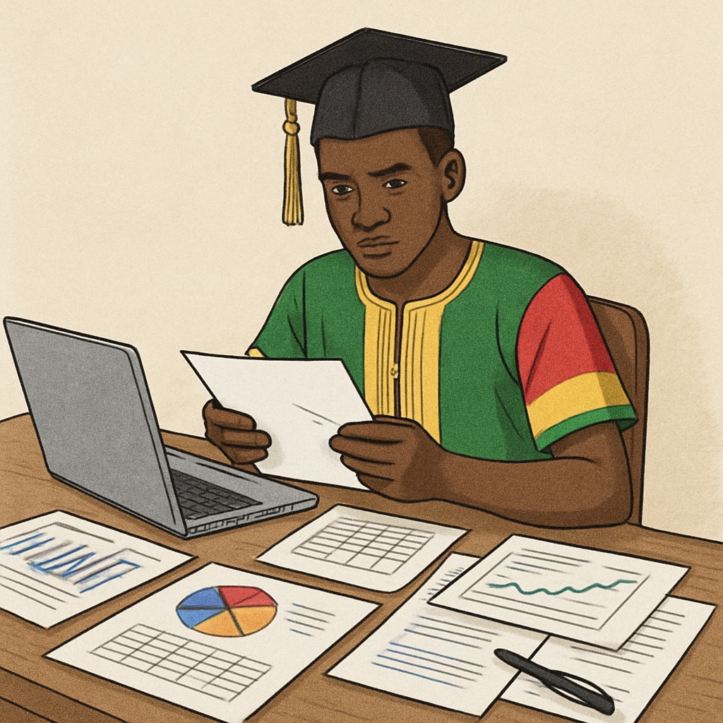 Mali graduate analyzing financial reports, symbolizing career challenges.