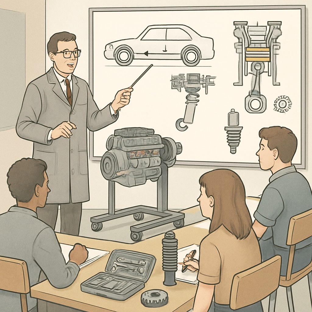 A classroom setting where a professor is teaching automotive engineering principles to students, emphasizing practical learning. Professor teaching automotive engineering in a classroom setting.