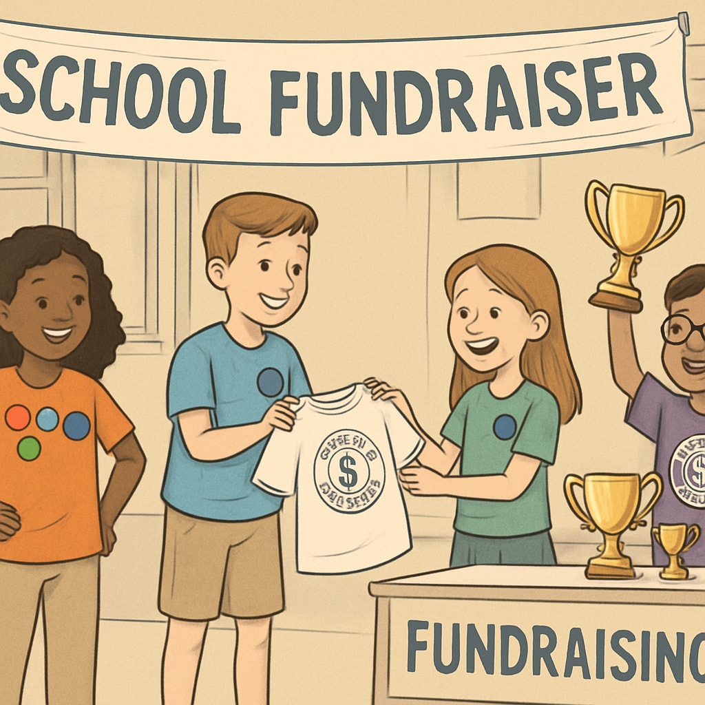Children at a school fundraiser displaying tiered rewards like badges and T-shirts.