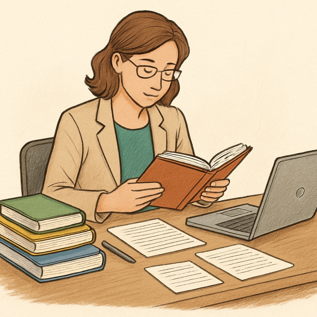 A teacher reviewing a selection of books for classroom use, with notes and a laptop nearby. Teacher assessing classroom reading materials for text complexity evaluation.