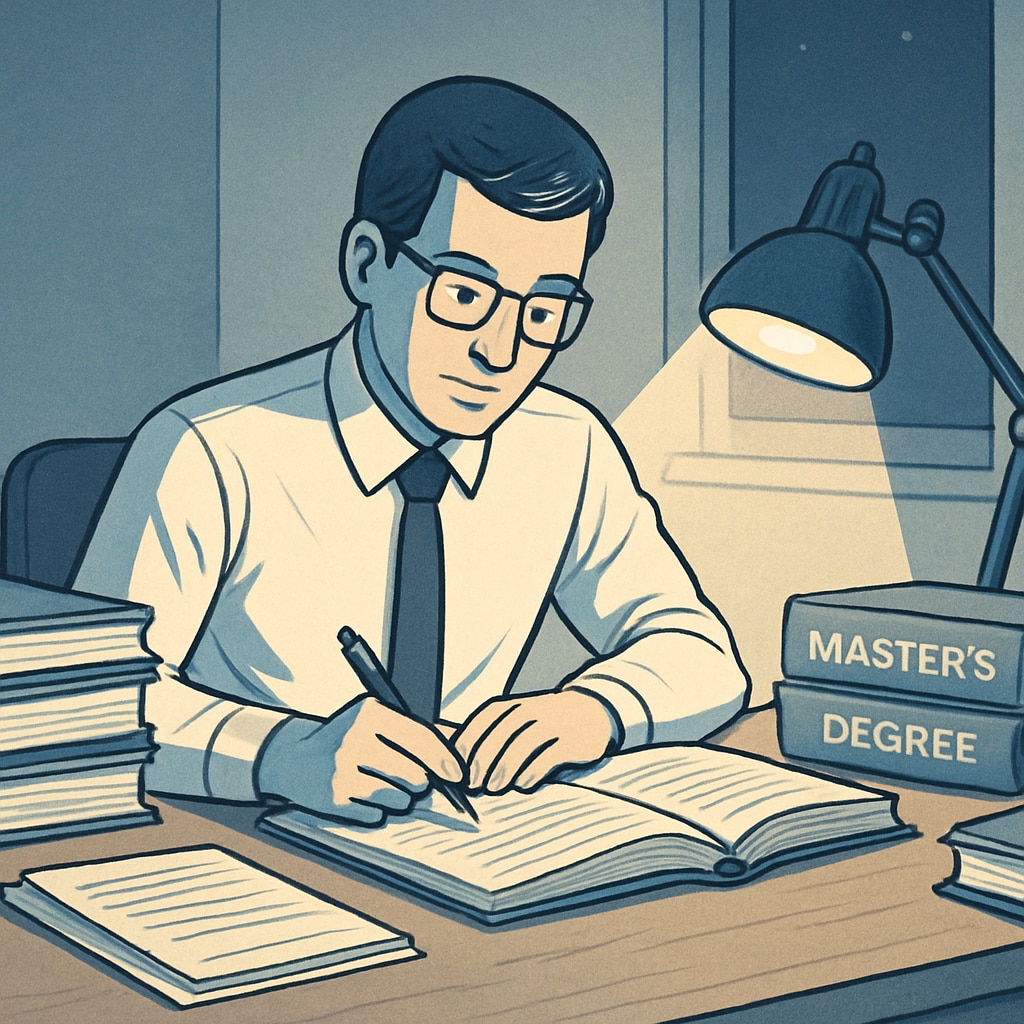 A professional working late at night, surrounded by books and papers, symbolizing the effort required to balance work and master's degree studies. Professional balancing career and master's degree studies at night
