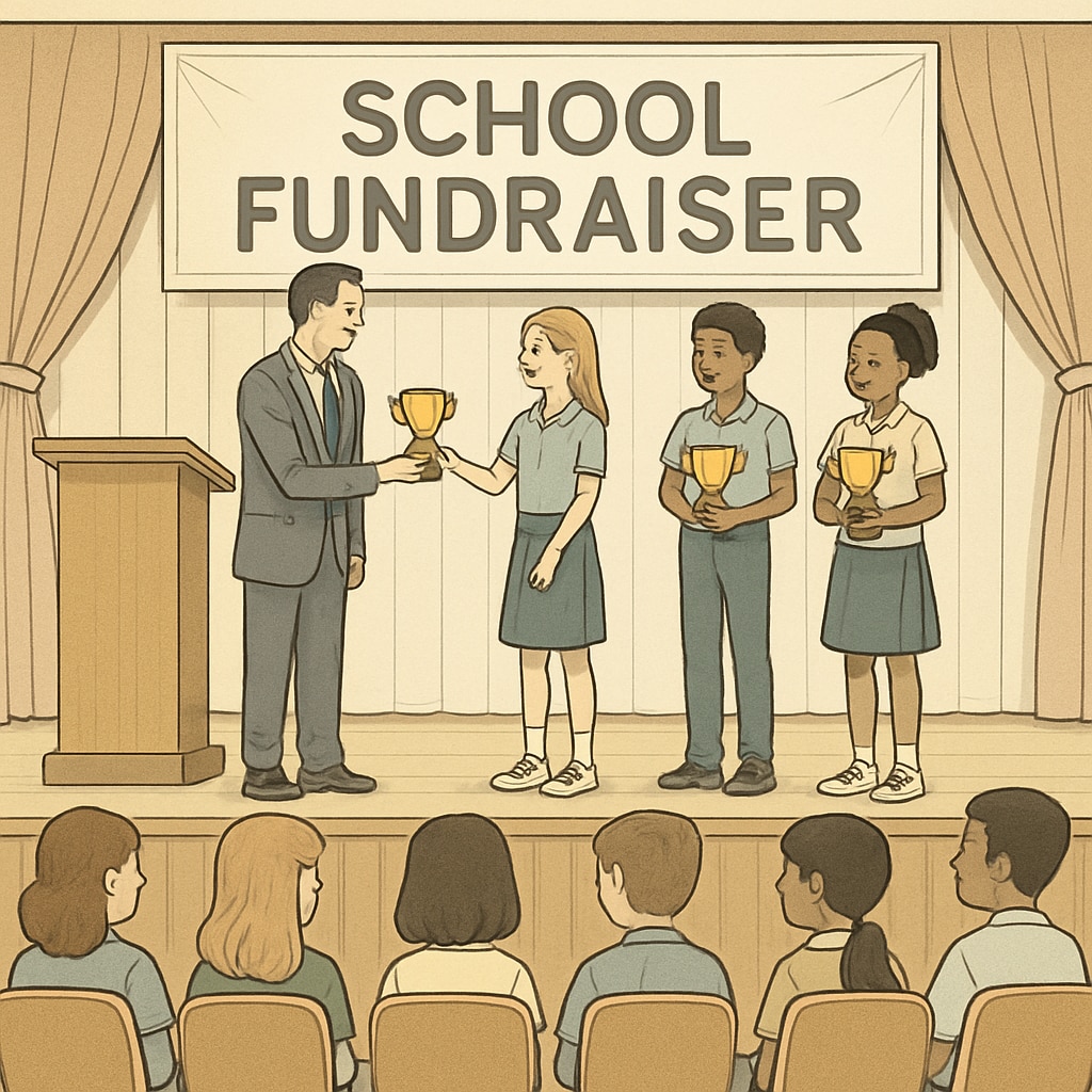 School fundraiser awards ceremony showing disparities in rewards based on donation levels.