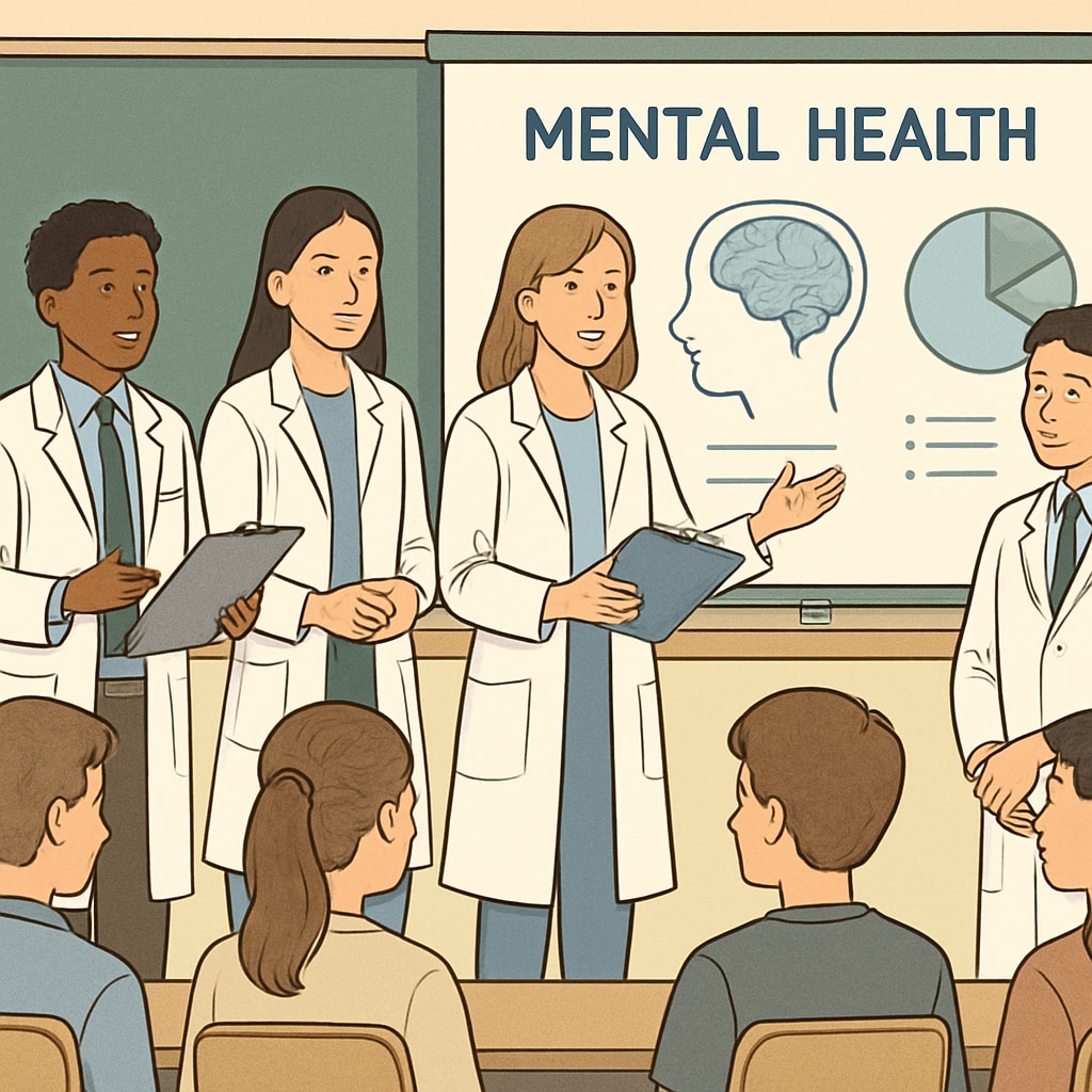 Medical students leading a high school mental health assembly.