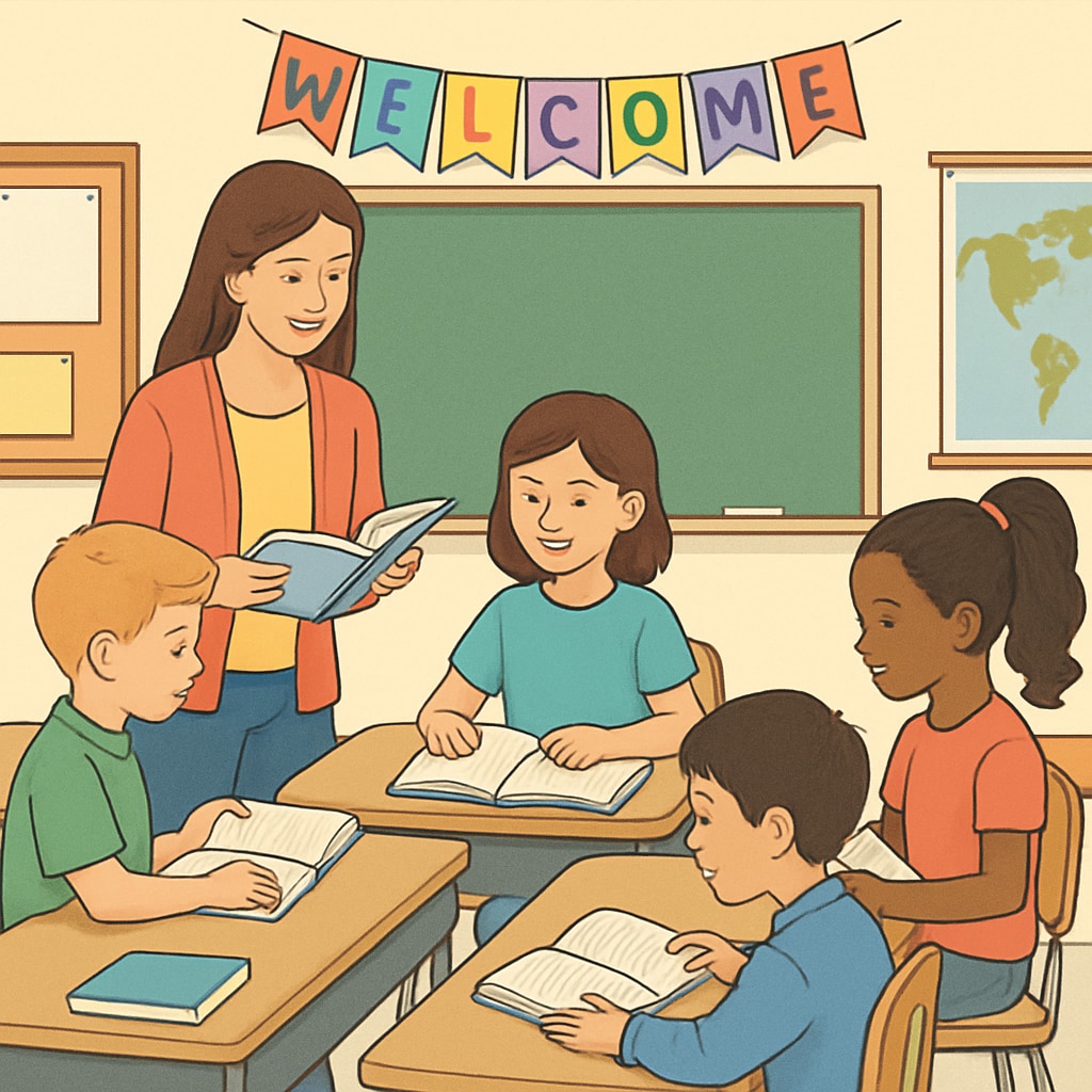 An elementary classroom setting, where a teacher is guiding students in a reading activity. Classroom reading activity led by teacher, emphasizing appropriate text selection.
