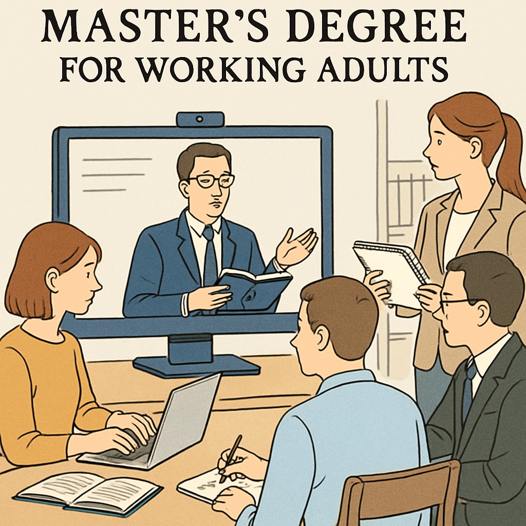 A group of professionals attending an online lecture, representing the flexibility of modern master's degree programs for working individuals. Professionals attending an online lecture for master's degree programs
