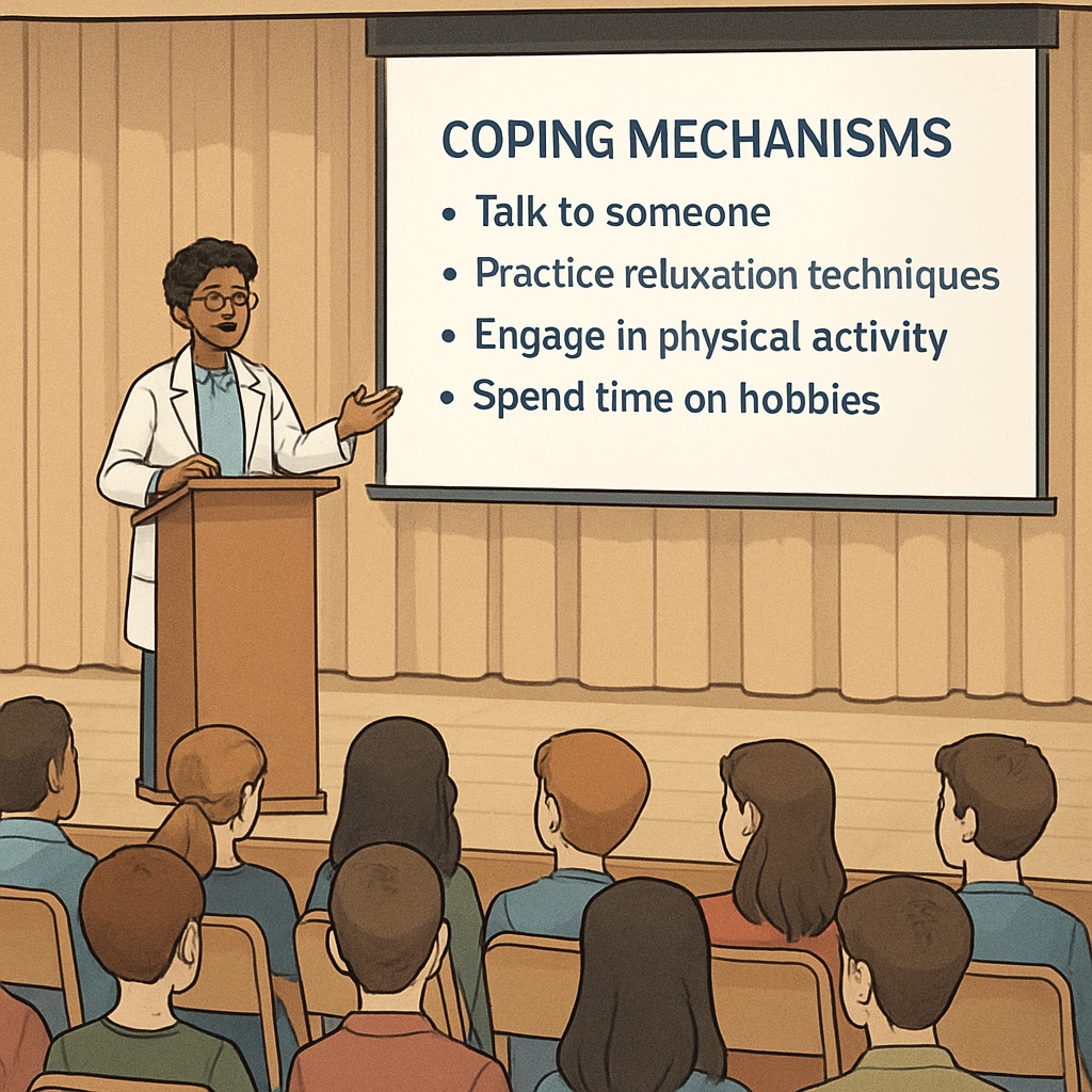 Medical student presenting coping mechanisms during a mental health assembly.