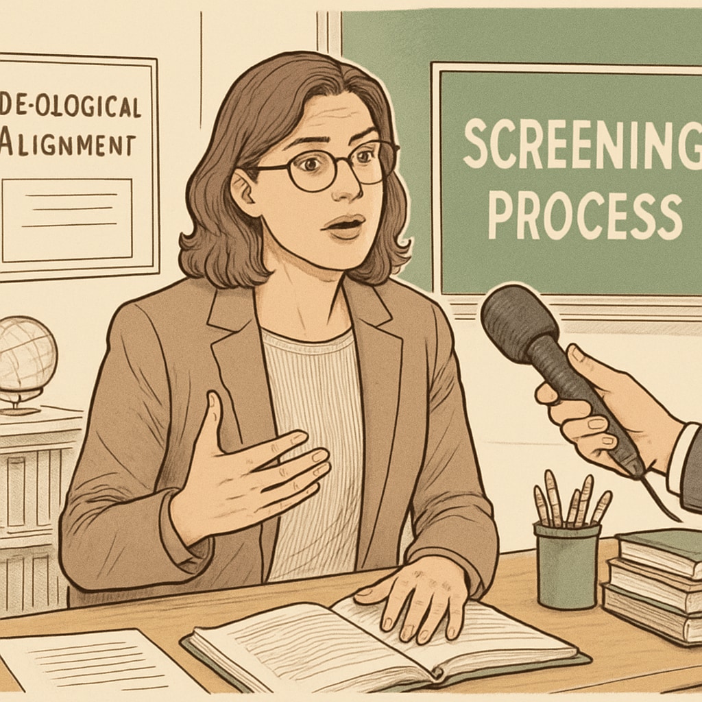 A teacher being interviewed, emphasizing the screening process for ideological alignment. Teacher interview process with a focus on ideological screening.