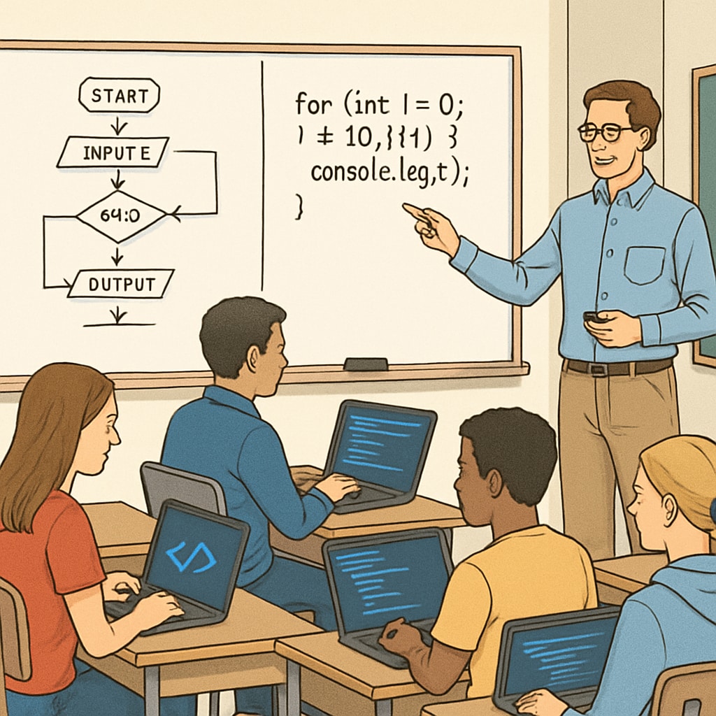 A modern classroom with students learning programming concepts using laptops and whiteboards. Students learning programming concepts in a modern IT-focused classroom.