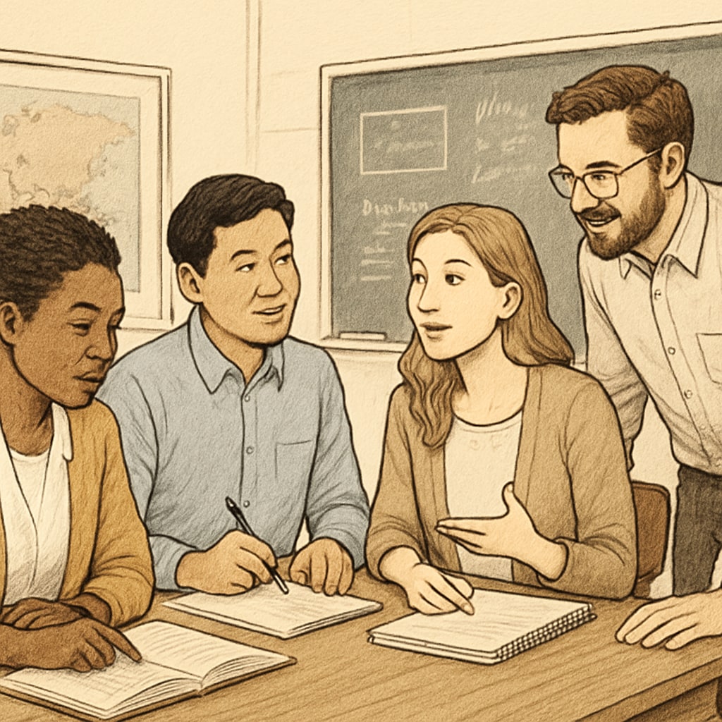 A diverse group of teachers in a classroom, symbolizing the importance of varied perspectives in education. Diverse teachers in a classroom promoting ideological diversity.
