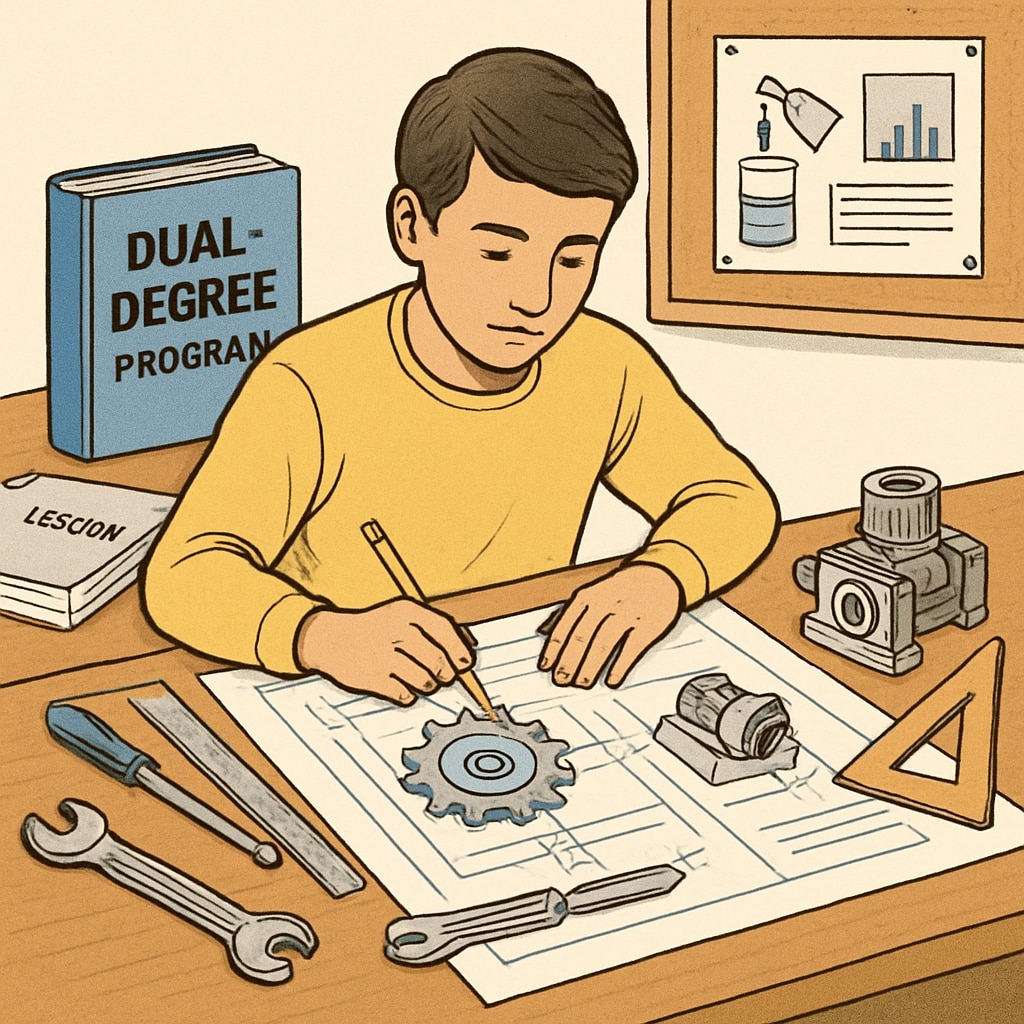 A student working on an engineering project while preparing lesson materials, symbolizing the dual-degree path. Student balancing engineering work and teaching preparation for dual-degree studies.