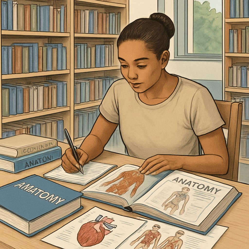 A motivated student studying anatomy at a community college library, highlighting the importance of academic preparation for nursing transfer students. Nursing transfer student studying anatomy in a community college library.